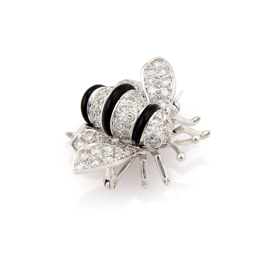 DIAMOND ONYX BUMBLE BEE 18K WHITE GOLD PIN BROOCH: Diamond Onyx Bumble Bee 18k White Gold Pin Brooch Brand: Unbranded Type: Brooch Material: 18k White Gold Color: white Size: Measurement: 0.98" long x 1.14" wide x 0.43" Accessories: None