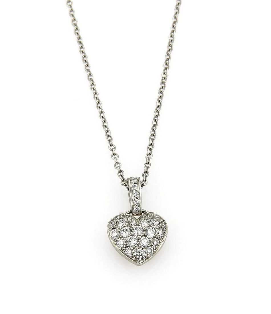 TIFFANY & CO. DIAMOND PLATINUM HEART PENDANT NECKLACE: Tiffany & Co. Diamond Platinum Heart Pendant Necklace Brand: Tiffany & Co. Type: Necklace Material: PT950 Color: PT Size: Measurement: Chain is: 16" long Pendant: 0.56" long w/bail x 0.33"