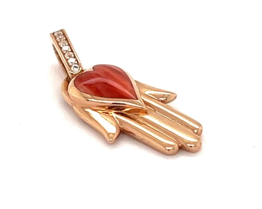 KABANA 14K ROSE GOLD DIAMOND ORANGE OYSTER CHARM PENDANT: Kabana 14k Rose Gold Diamond Orange Oyster Charm Pendant Brand: Kabana Type: Pendant Material: 14k rose gold Color: rose gold Size: Measurement: 1.15" long w/bail x 0.50" wide x 0.17" 