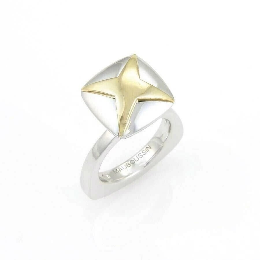 MAUBOUSSIN 18K TWO TONE GOLD DESIGN STAR RING: Mauboussin 18k Two Tone Gold Design Star Ring Brand: Mauboussin Type: Ring Material: Solid 18k yellow and white gold Color: none Size: 4.5 US Accessories: None Accessories Notice: When