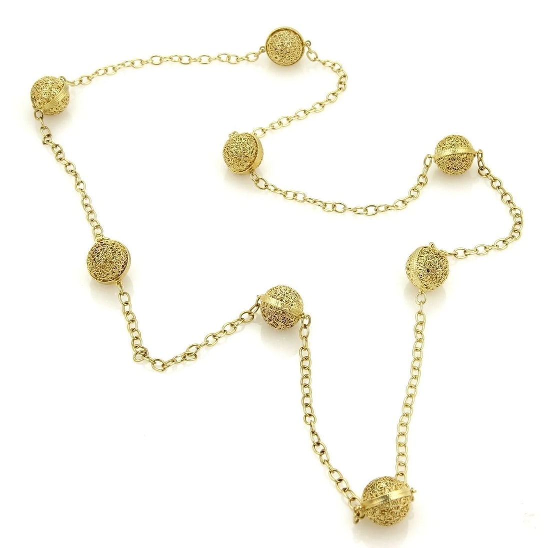 FILIGREE 14K YELLOW GOLD EIGHT BALL STATION LONG CHAIN NECKLACE: Filigree 14k Yellow Gold Eight Ball Station Long Chain Necklace Brand: Unbranded Type: Necklace Material: 14k Yellow Gold Color: yellow Size: Measurement: 30" long and 3.5mm x 3.5mm Balls are:
