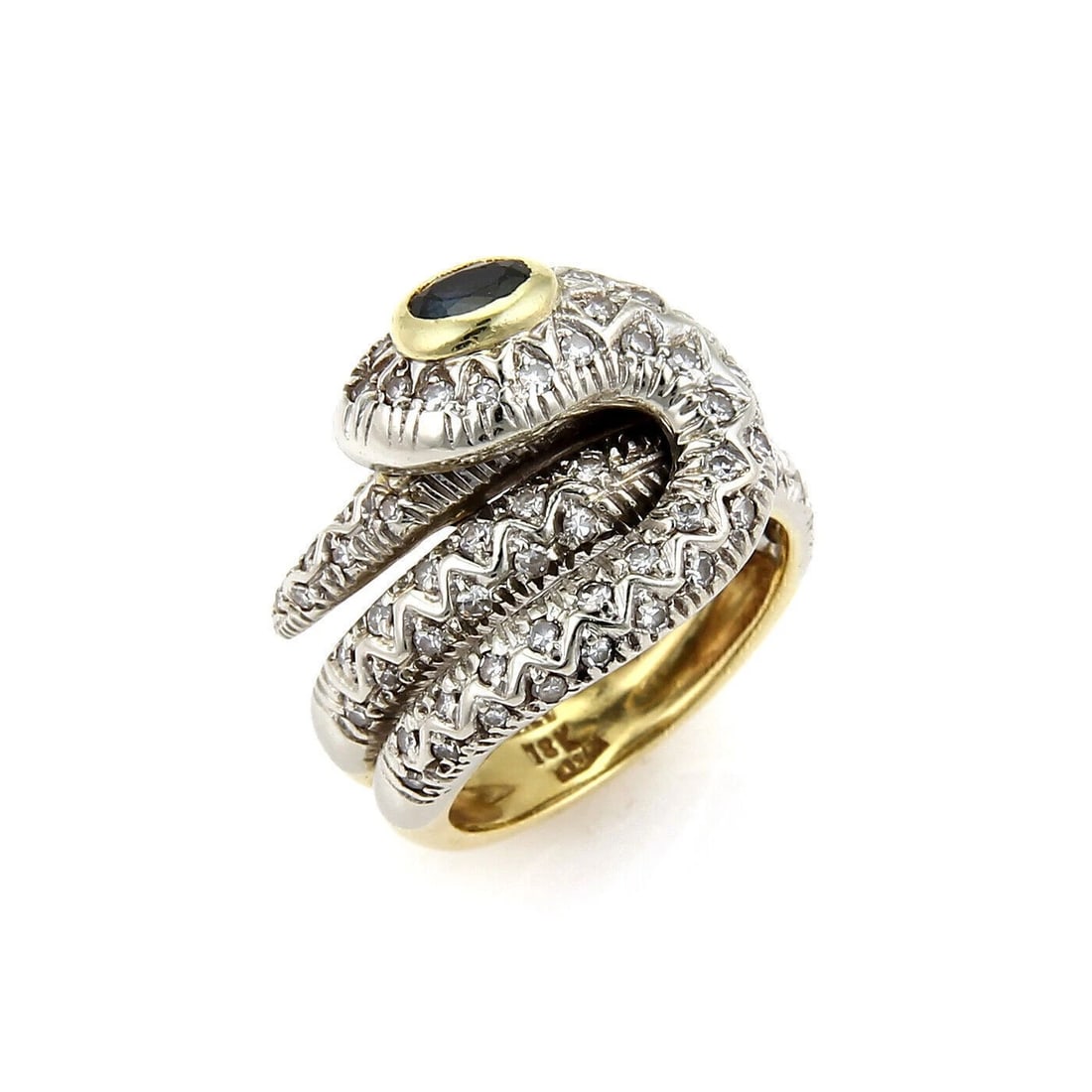 DIAMOND & SAPPHIRE MULTI ROW SNAKE RING: Diamond & Sapphire Multi Row Snake Ring Brand: Unbranded Type: Ring Material: 18k yellow and white gold Main Stone/Creation/Gemstone Gemstones: and sapphires Color: None Size: 6.5 US Accessories: