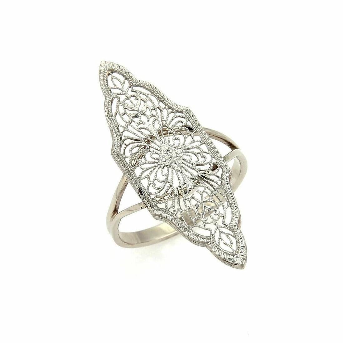 ART DECO 14K WHITE GOLD MIGRAINE FILIGREE LONG SHAPE RING: Art Deco 14k White Gold Migraine Filigree Long Shape Ring Brand: Unbranded Type: ring Material: 14k white gold Color: None Size: 6.5 US Accessories: None Accessories Notice: When purchasing