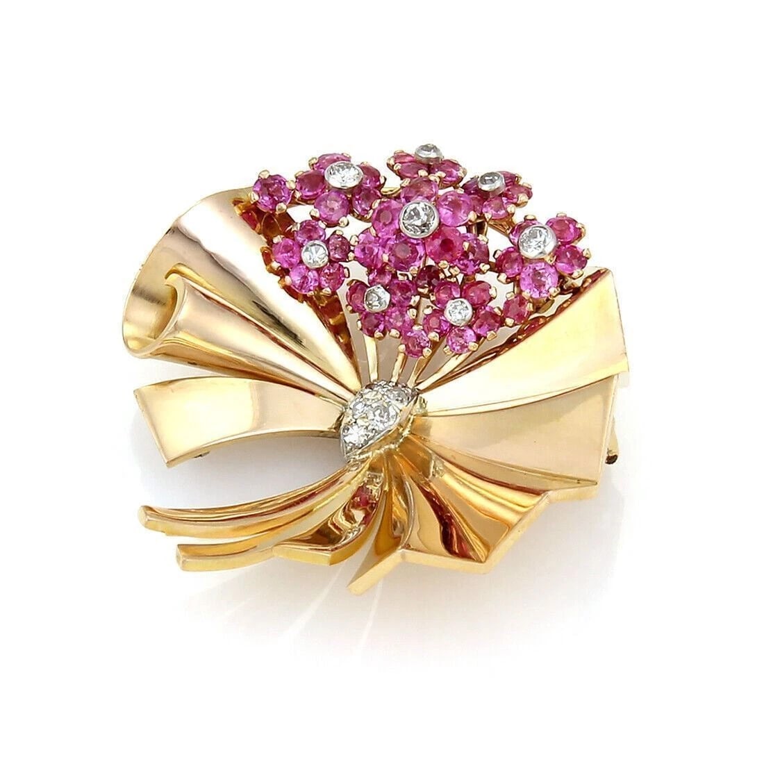 RETRO 2.40CT RUBIES & DIAMONDS 14K ROSE GOLD PIN BROOCH (1 of 4)