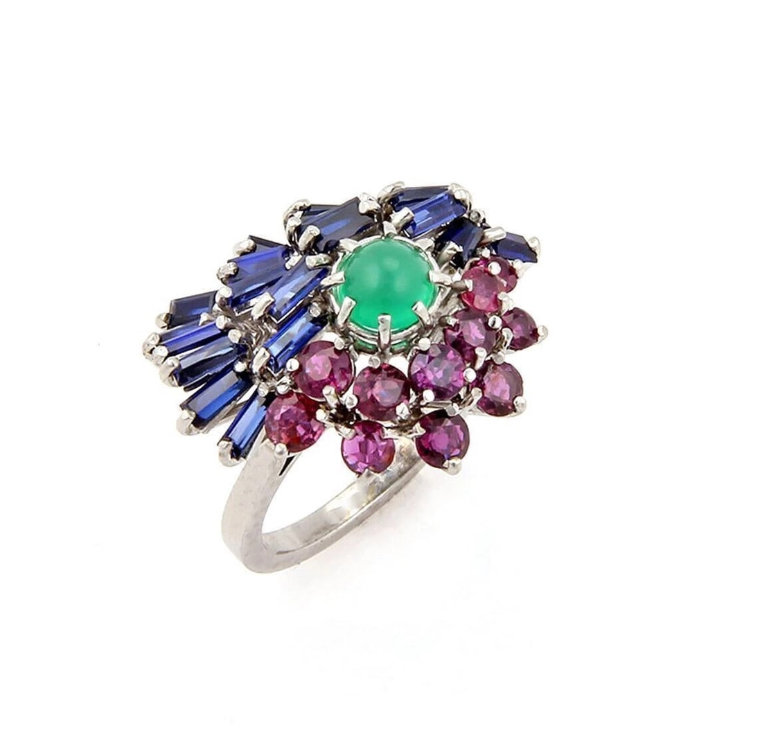 MULTICOLOR RUBY SAPPHIRE EMERALD 14K WHITE GOLD RING: Multicolor Ruby Sapphire Emerald 14k White Gold Ring Brand: Unbranded Type: Ring Material: 14k white gold Color: white Size: 6.5 US Accessories: None Accessories Notice: When purchasing