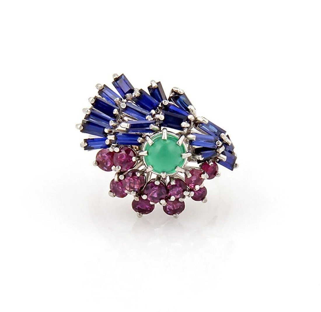 MULTICOLOR RUBY SAPPHIRE EMERALD 14K WHITE GOLD RING - 2