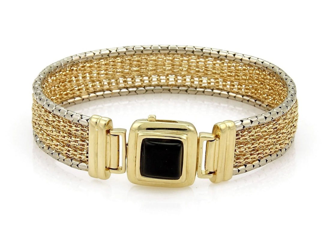 WIDE MESH GOLD & ONYX BRACELET: Wide Mesh Gold & Onyx Bracelet Brand: Unbranded Type: Bracelet Material: 14k two tone gold Color: None Size: Measurement: 7.5" long x 0.52" wide Gemstone: Onyx 8.5mm x 8.5mm Accessories: None