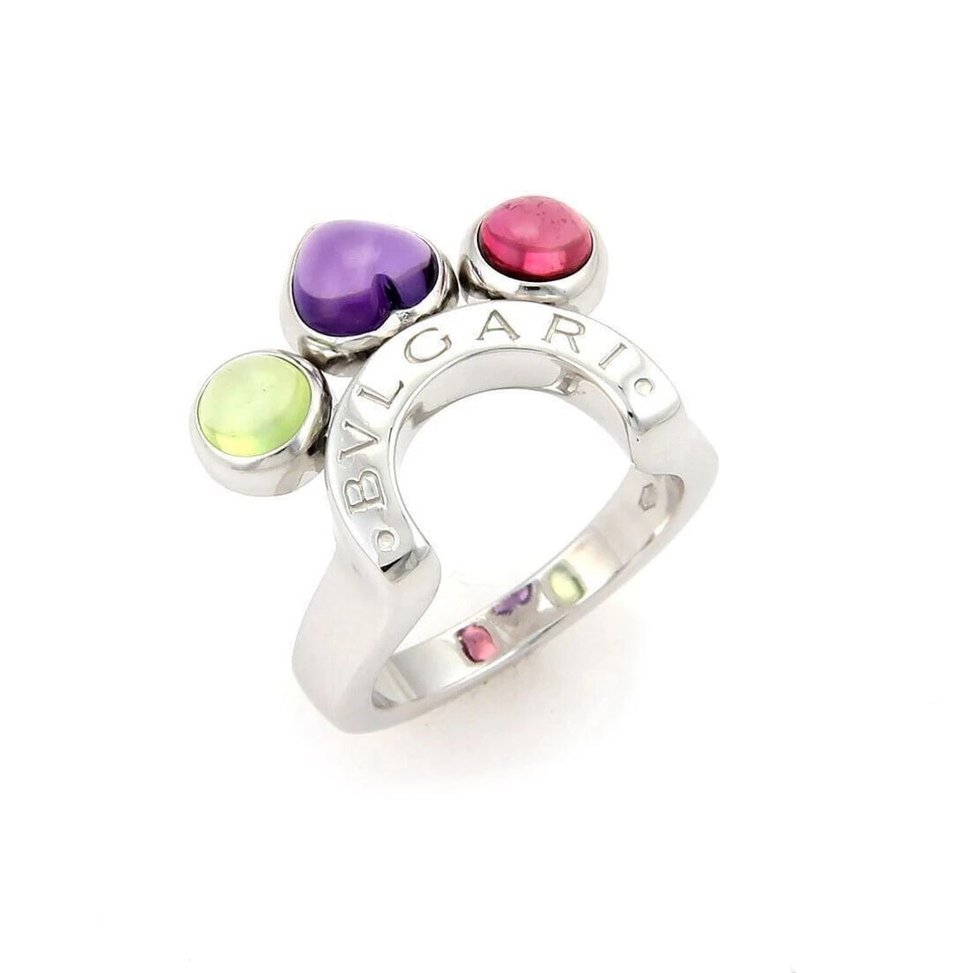 BVLGARI ALLEGRA AMETHYST PERIDOT & TOURMALINE RING: Bvlgari Allegra Amethyst Peridot & Tourmaline Ring Brand: Bvlgari Type: ring Material: 18k white gold Color: white Size: 5 US Accessories: None Accessories Notice: When purchasing pre-owne