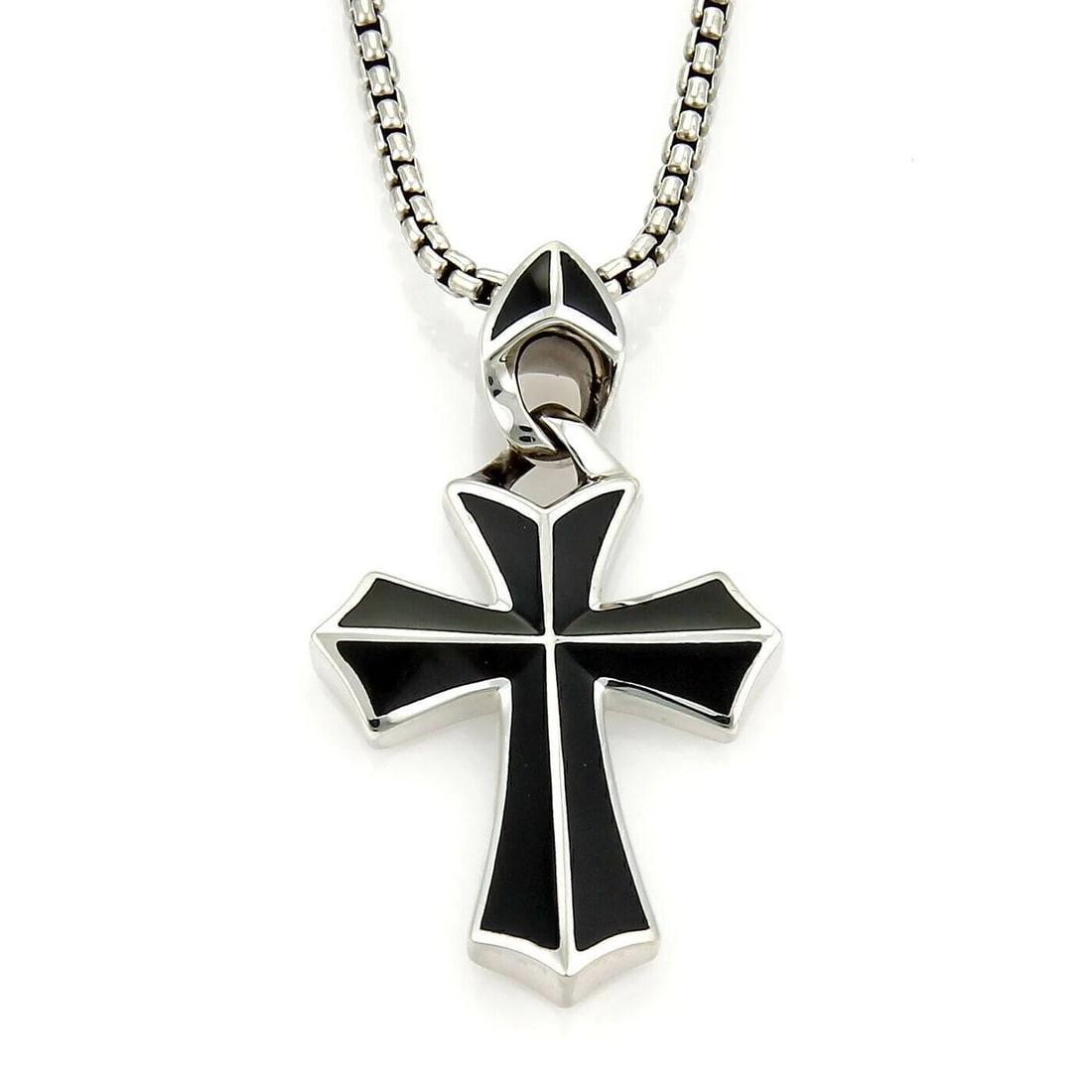 STEPHEN WEBSTER RAYMAN ONYX CROSS PENDANT NECKLACE: Stephen Webster RAYMAN Onyx Cross Pendant Necklace Brand: Stephen Webster Type: Necklace Material: Sterling Silver Main Stone/Creation/Gemstone Gemstone: Onyx Color: None Size: Chain: 20" long ×