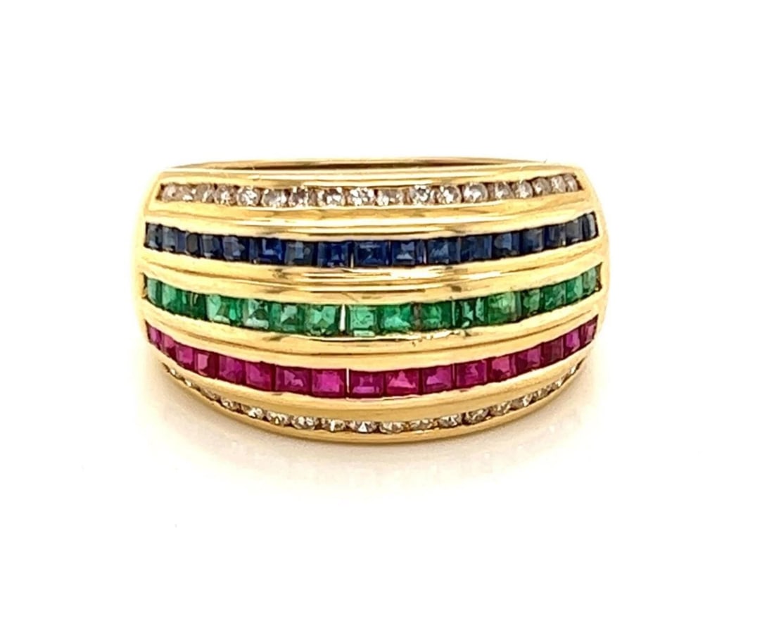 LE VIAN DIAMOND & MULTICOLOR GEMS DOME BAND RING: Le Vian Diamond & Multicolor Gems Dome Band Ring Brand: Le Vian Type: Ring Material: 18k Yellow Gold Main Stone/Creation/Gemstone Gemstones: . emeralds rubies and sapphires Color: Multicolor Size: