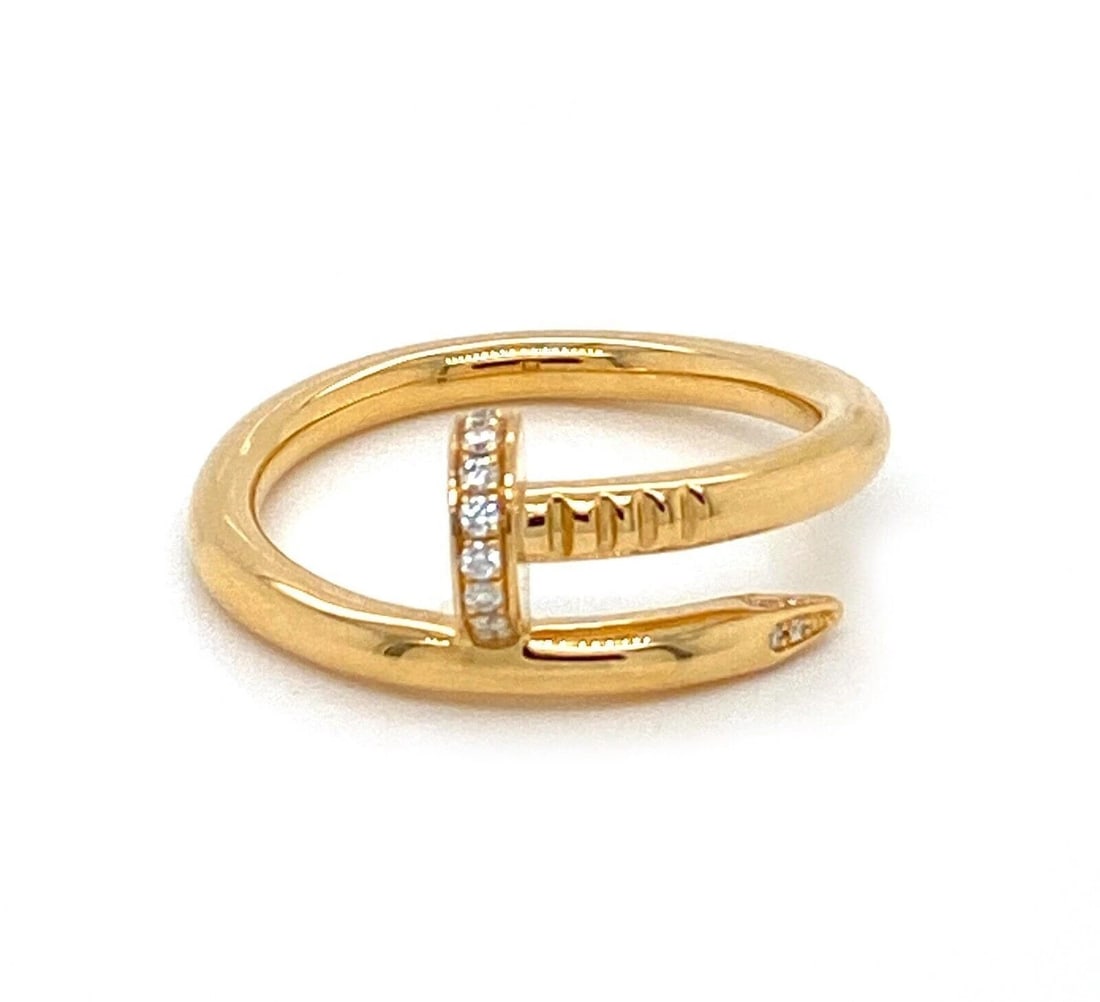 CARTIER JUSTE UN CLOU DIAMOND NAIL RING: Cartier Juste un Clou Diamond Nail Ring Brand: Cartier Type: Ring Material: 18k yellow gold Color: Yellow Size: US 10 Accessories: None Accessories Notice: When purchasing pre-owned goods,