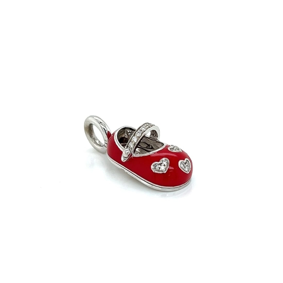 AARON BASHA RED ENAMEL BABY SHOE CHARM PENDANT: Aaron Basha Red Enamel Baby Shoe Charm Pendant Brand: Aaron Basha Type: Charm Material: 18k white gold and enamel Color: white Size: Measurement: 1.10" long w/bail x 0.45" wide x 0.37" 