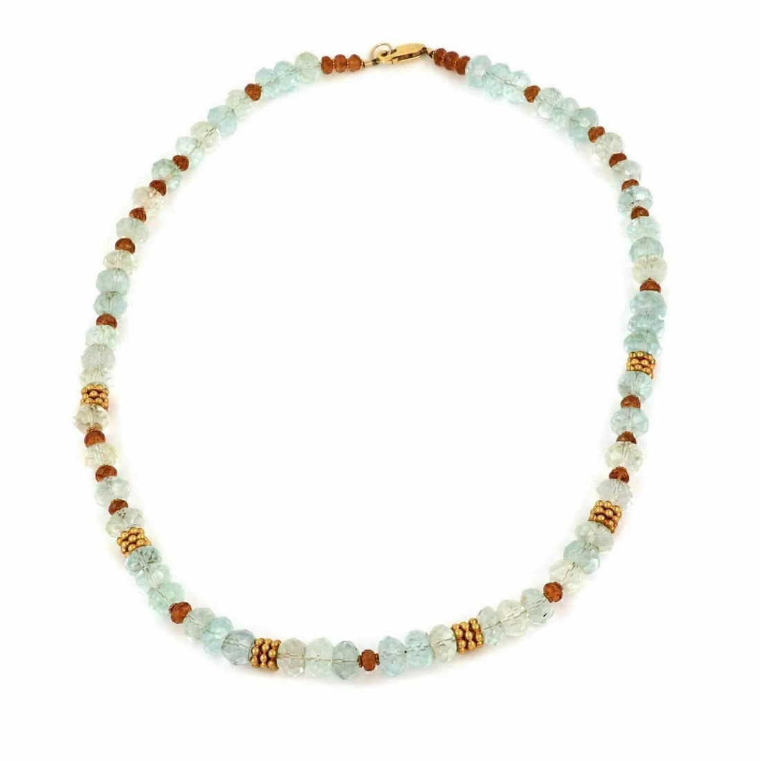 AQUAMARINE CITRINE FACETED GEMSTONE BEAD NECKLACE: Aquamarine Citrine Faceted Gemstone Bead Necklace Brand: Unbranded Type: Necklace Material: 18k yellow gold Color: None Size: Measurements: 17" long and 8mm wide Accessories: None Accessories