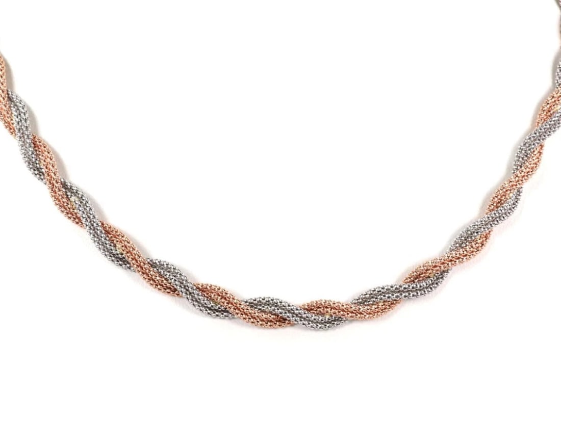 TWISTED BEAD 14K ROSE & WHITE GOLD NECKLACE: Twisted Bead 14k Rose & White Gold Necklace Brand: Unbranded Type: Necklace Material: 14k rose and white gold Color: rose and white gold Size: Measurement: 17.75" long x 6.6mm wide x 3.2mm