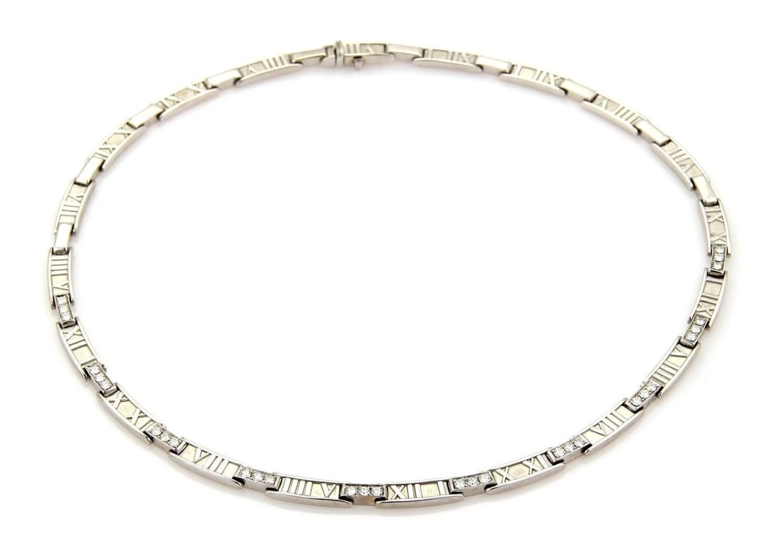 TIFFANY & CO. ATLAS DIAMOND NECKLACE 18K WHITE GOLD: Tiffany & Co. Atlas Diamond Necklace 18k White Gold Brand: Tiffany & Co. Type: Necklace Material: 18k white gold Main Stone/Creation/Gemstone Gemstones: Natural Color: None Size: Measurements: