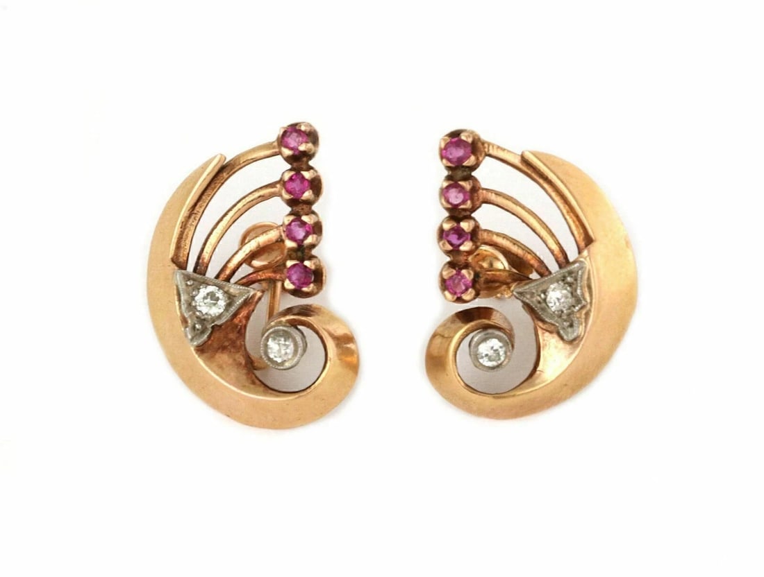RETRO DIAMOND & RUBY 14K ROSE GOLD SCREW BACK EARRINGS: Retro Diamond & Ruby 14k Rose Gold Screw Back Earrings Brand: Unbranded Type: Ring Material: 14k rose and white gold Color: None Size: Measurement: approximately 0.95" long × 0.66" wide × 0.13"