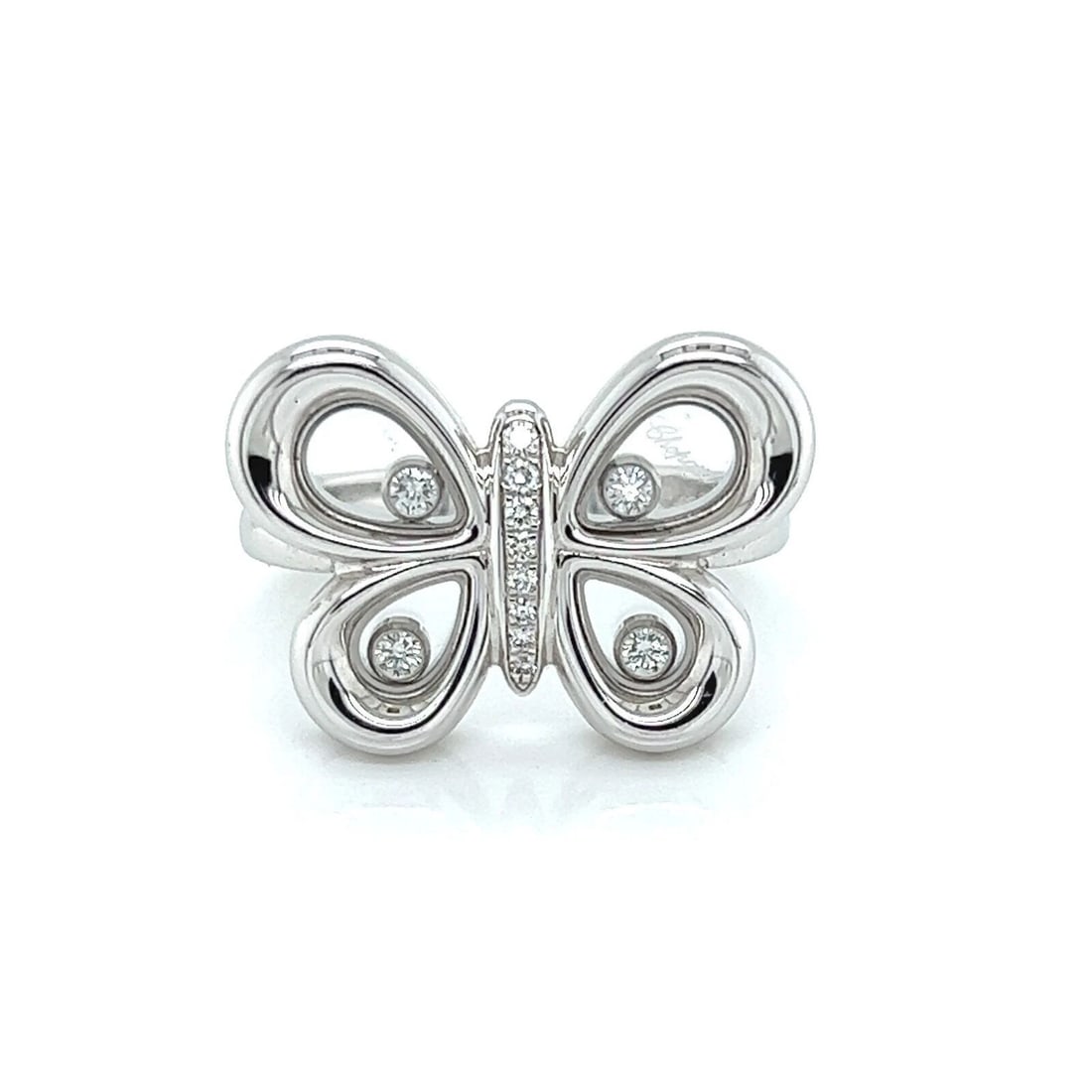 CHOPARD HAPPY DIAMOND 18K WHITE GOLD BUTTERFLY RING: Chopard Happy Diamond 18k White Gold Butterfly Ring Brand: Chopard Type: Ring Material: 18k white gold Color: White Size: 6 US Accessories: None Accessories Notice: When purchasing pre-own