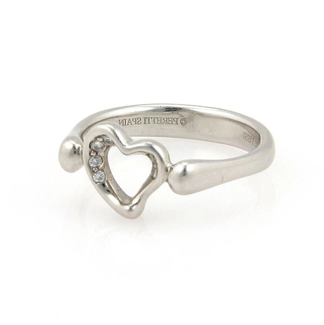 TIFFANY & CO. PERETTI PLATINUM DIAMOND OPEN HEART RING: Tiffany & Co. Peretti Platinum Diamond Open Heart Ring Brand: Tiffany & Co. Type: Ring Material: 950platinum Color: Pt Size: 5 US Accessories: None Accessories Notice: When purchasing pre-