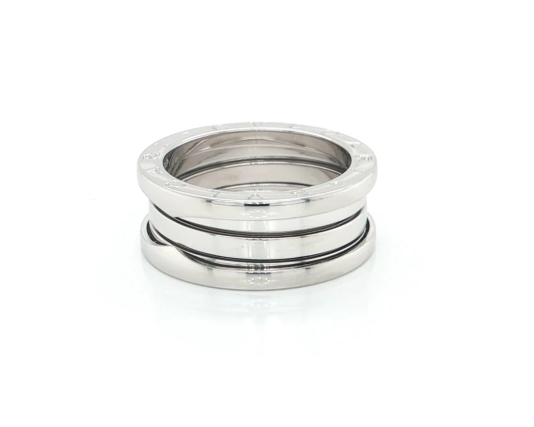 BVLGARI B.ZERO1 THREEBAND RING IN 18K WHITE GOLD: Bvlgari B.zero1 ThreeBand Ring in 18k White Gold Brand: Bvlgari Type: Ring Material: 18k White Gold Color: White Size: 7.5 US Accessories: None Accessories Notice: When purchasing pre-owne
