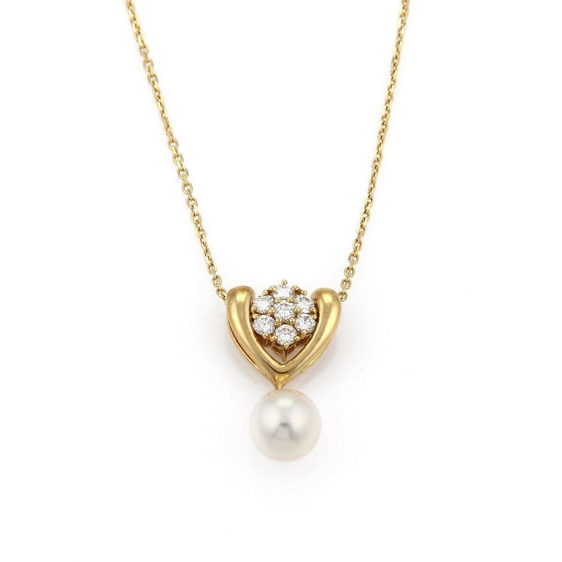 MIKIMOTO DIAMOND AKOYA PEARL FANCY PENDANT NECKLACE: Mikimoto Diamond Akoya Pearl Fancy Pendant Necklace Brand: Mikimoto Type: Necklace Material: 18k Yellow Gold Main Stone/Creation/Gemstone Akoya Pearl Color: None Size: Measurement: 15.75" long Pen