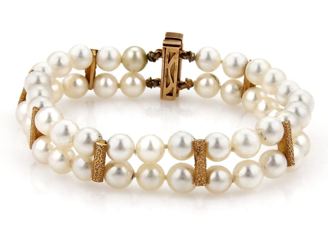 DOUBLE STRAND 14K YELLOW GOLD PEARL BRACELET (1 of 3)