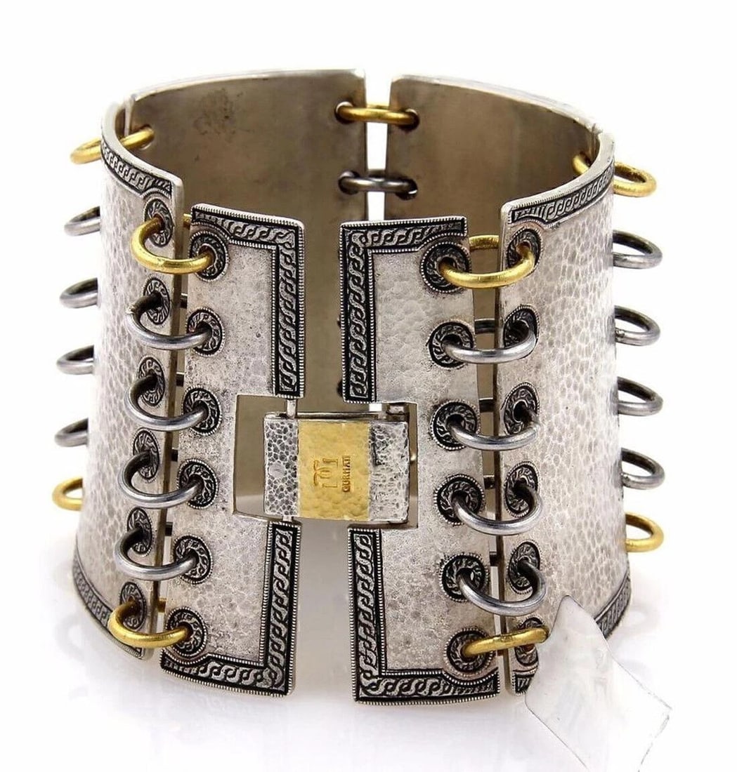 GURHAN LANCELOT 24K GOLD OVERLAY & STERLING WIDE BRACELET: Gurhan Lancelot 24k Gold OVerlay & Sterling Wide Bracelet Brand: GURHAN Type: Bracelet Material: 925 Silver and 24k Yellow Gold Color: noe Size: Measurements: 7" long x 2.25" wide and 8mm high bar