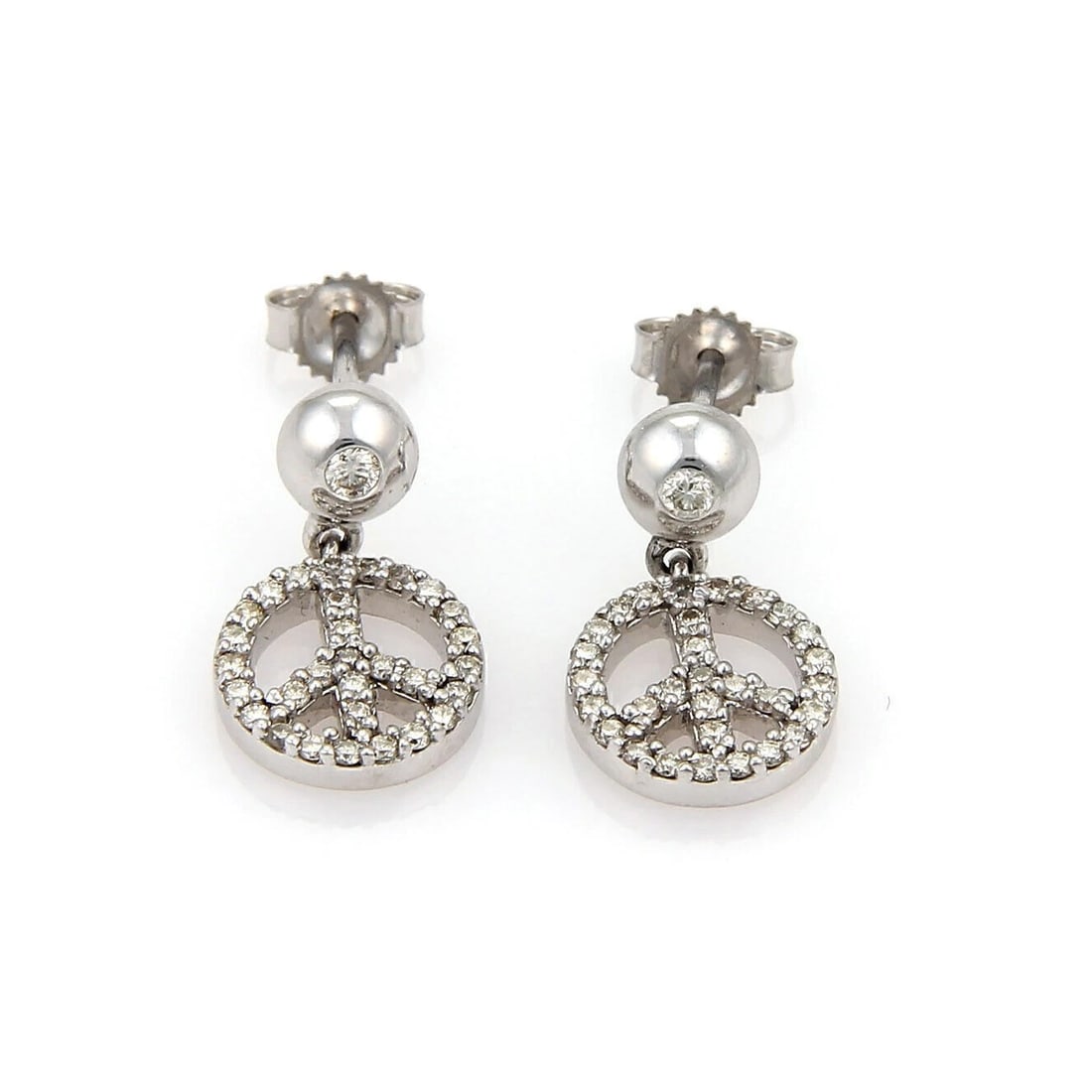 DIAMOND PEACE SIGN DANGLE 14K WHITE GOLD EARRINGS: Diamond Peace Sign Dangle 14k White Gold Earrings Brand: Unbranded Type: Earrings Material: 14k White Gold Color: white Size: Measurements: 17mm long x 10mm wide x 3mm Accessories: None Ac