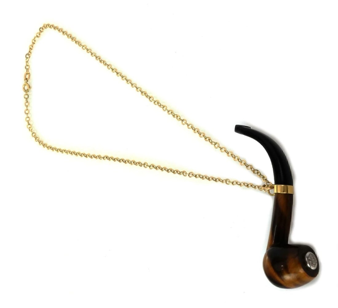 DIAMOND TIGER'S EYE & ONYX PIPE PENDANT NECKLACE: Diamond Tiger's Eye & Onyx Pipe Pendant Necklace Brand: Unbranded Type: Necklace Material: 14k yellow gold Main Stone/Creation/Gemstone Gemstone: tiger's eye and onyx Color: None Size: