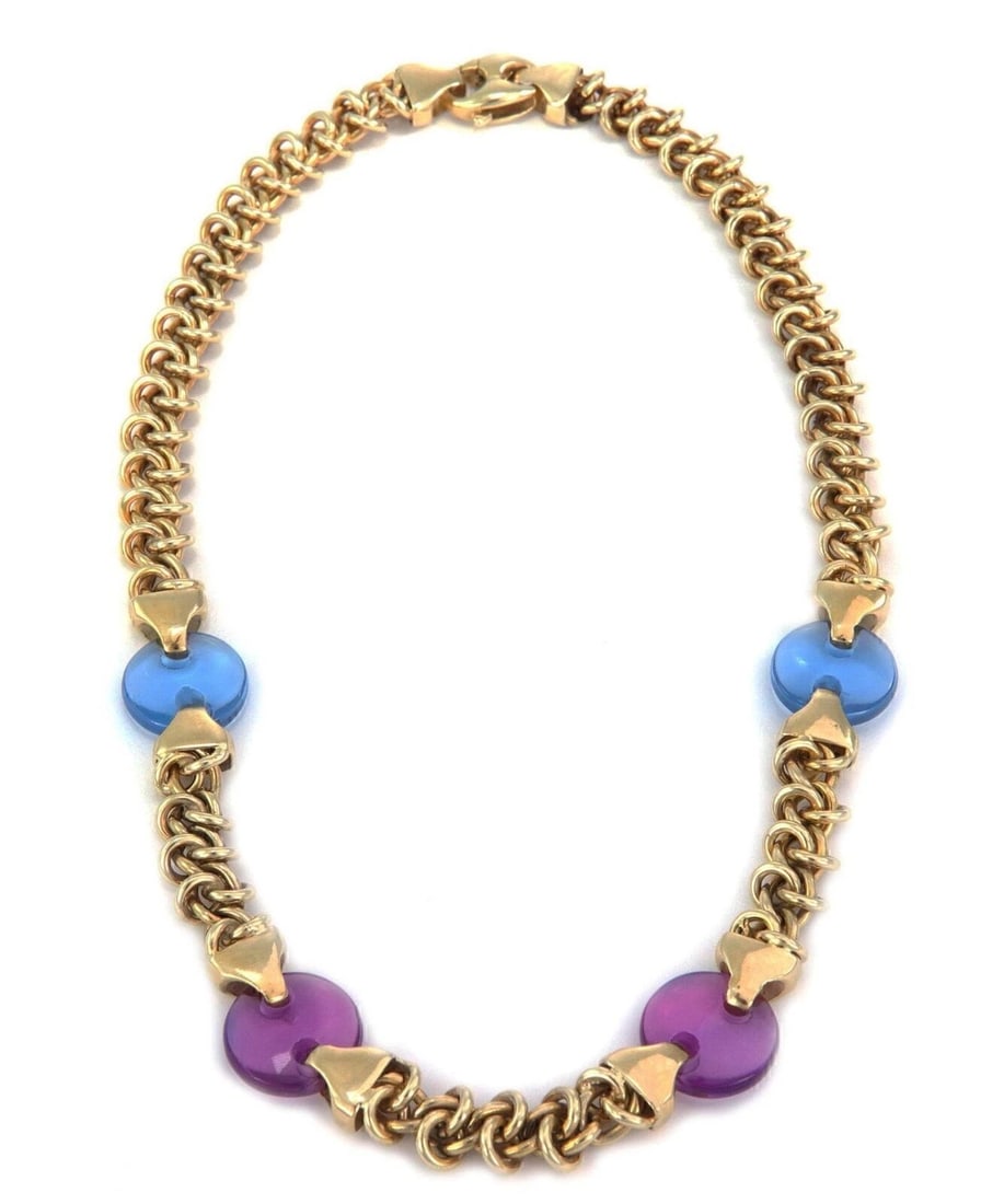 PINK BLUE TRANSLUCENT ACRYLIC BUTTON WOVEN NECKLACE: Pink Blue Translucent Acrylic Button Woven Necklace Brand: Unbranded Type: Necklace Material: 14k yellow gold Color: None Size: Measurement: 17" long x 0.40" wide x 0.25" high Accessories: