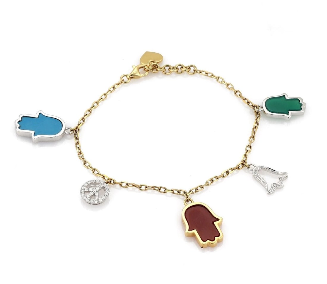 DIAMOND & GEM STONES CHARM BRACELET: Diamond & Gem Stones Charm Bracelet Brand: Unbranded Type: Bracelet Material: 18k Yellow Gold Color: none Size: Measurement: 7-8" long Hand charms: 0.84" x 0.55" Accessories: None Accessories
