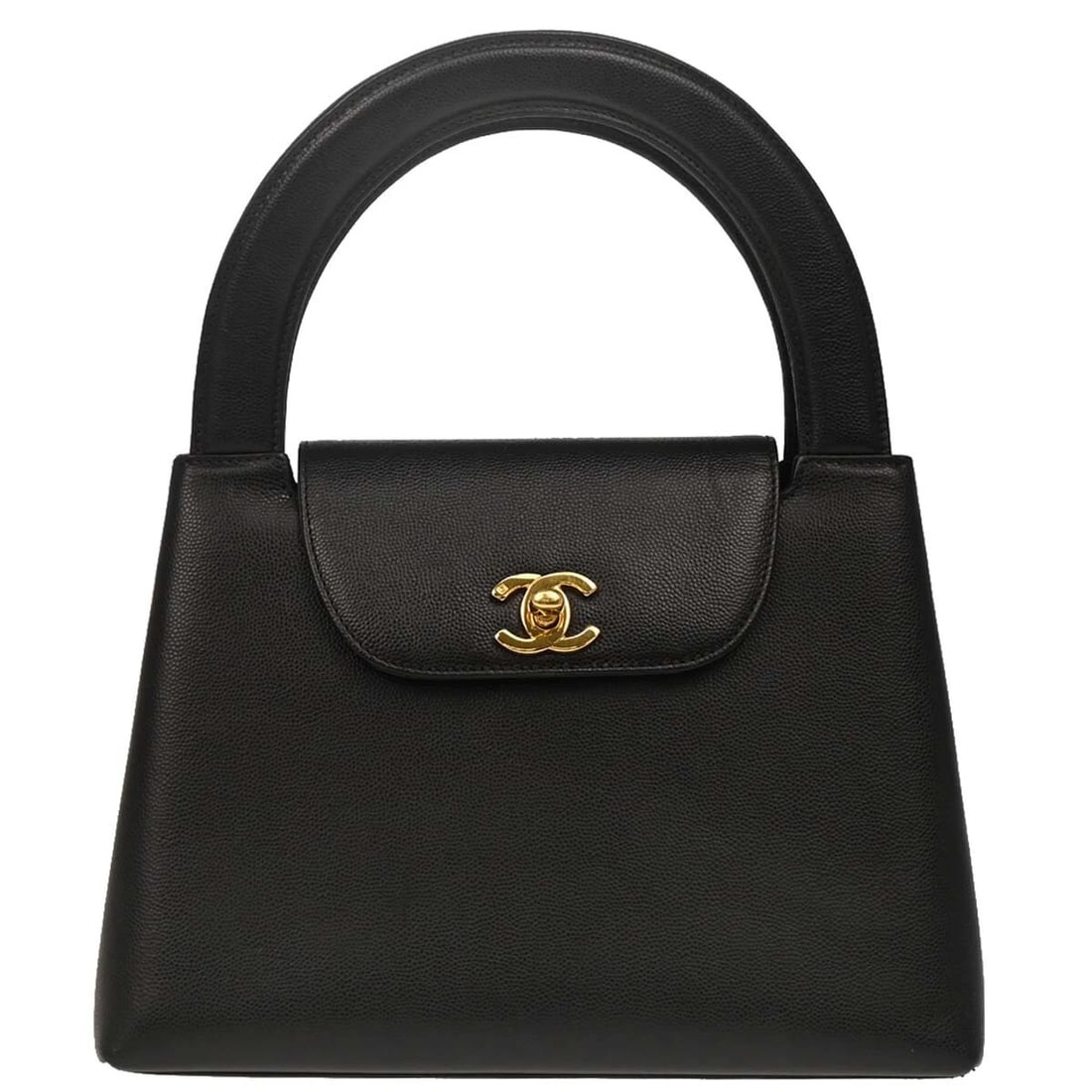 CHANEL BLACK CALFSKIN HANDBAG: Chanel Black Calfskin Handbag Brand: CHANEL Type: Hand Bag Material/Exterior Material: Caviar skin leather Color/Exterior Color: Black Size: W 9.4 x H 7.1 x D 3.1 " Handle Drop. 3.1 " 