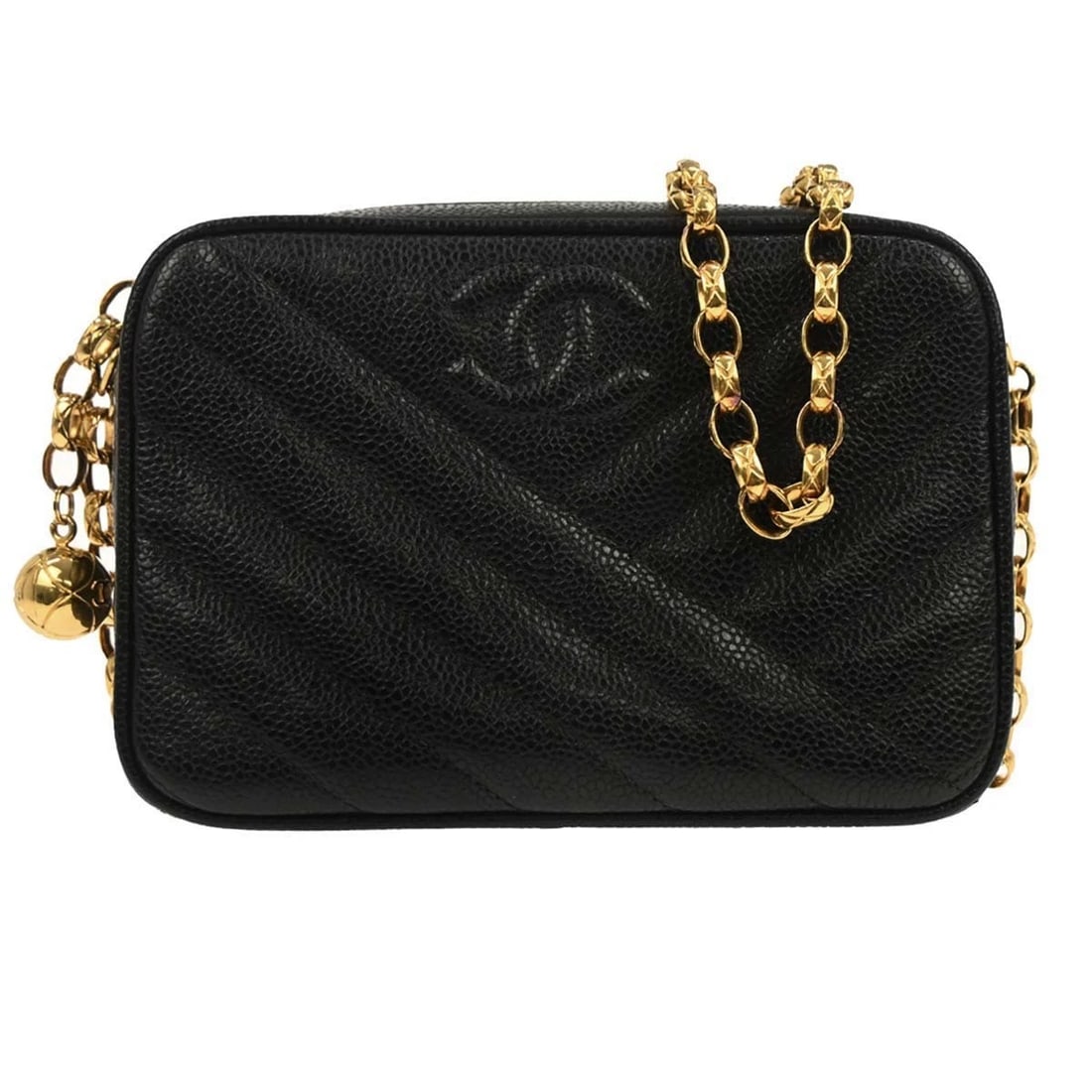 CHANEL BLACK CALFSKIN BIAS STITCH CAMERA BAG MINI: Chanel Black Calfskin Bias Stitch Camera Bag Mini Brand: CHANEL Type: Shoulder Bag Material/Exterior Material: Caviar skin leather Color/Exterior Color: Black Size: W 7.1 x H 4.7 x D 2.8 " Strap D
