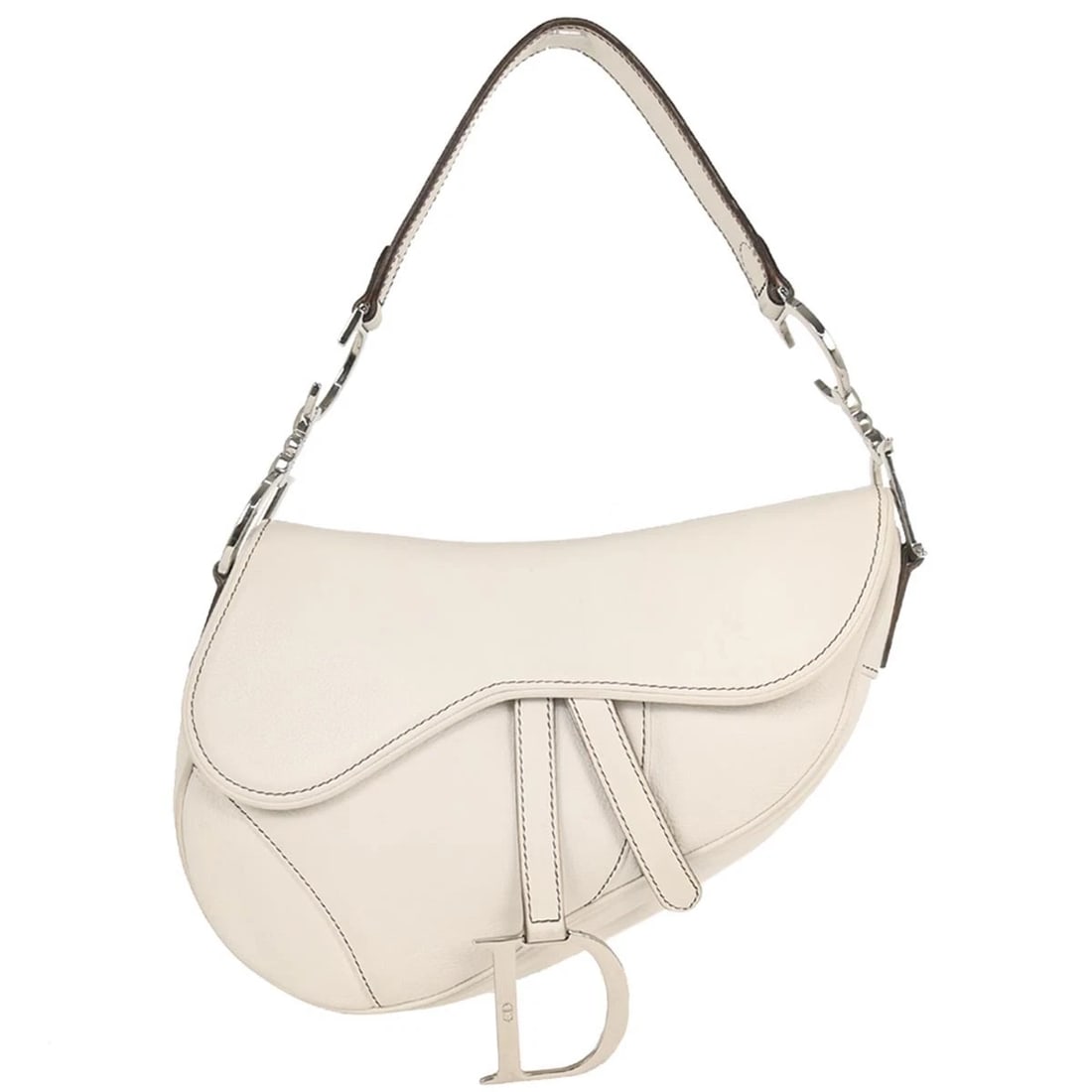 CHRISTIAN DIOR WHITE LEATHER SADDLE HANDBAG: Christian Dior White Leather Saddle Handbag Brand: Dior Type: Saddle Bag Material/Exterior Material: Leather Color/Exterior Color: White Size: W 9.4 x H 7.5 x D 3.1 " Handle Drop. 7.5 " Accessori