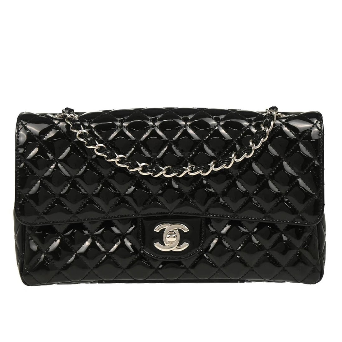 CHANEL BLACK PATENT LEATHER SINGLE FLAP SHOULDER BAG: Chanel Black Patent Leather Single Flap Shoulder Bag Brand: CHANEL Type: Shoulder Bag Material/Exterior Material: Patent leather Color/Exterior Color: Black Size: W 9.8 x H 5.5 x D 2.4 " Strap Dro