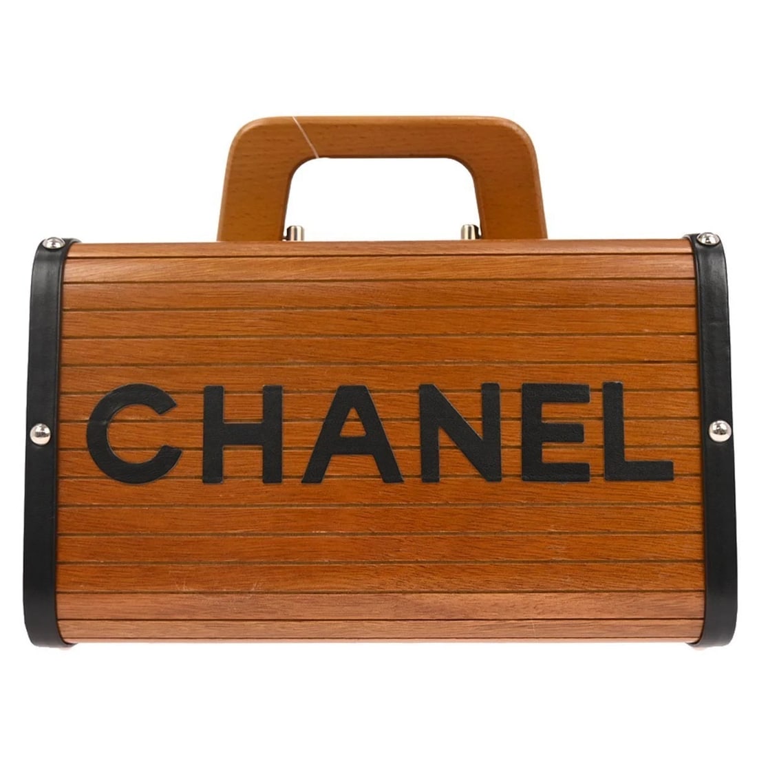 CHANEL BROWN BLACK WOOD VANITY HANDBAG BOX: Chanel Brown Black Wood Vanity Handbag Box Brand: CHANEL Type: CHANEL Vanity Material/Exterior Material: Wood, Leather Color/Exterior Color: Brown, Black Size: W 9.8 x H 5.9 x D 4.9 " Handle Drop.