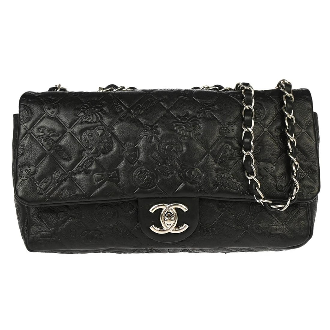 CHANEL BLACK CALFSKIN ICON SHOULDER BAG: Chanel Black Calfskin Icon Shoulder Bag Brand: CHANEL Type: Shoulder Bag Material/Exterior Material: Calfskin Leather Color/Exterior Color: Black Size: W 9.8 x H 6.3 x D 2.4 " Strap Drop.(Single)