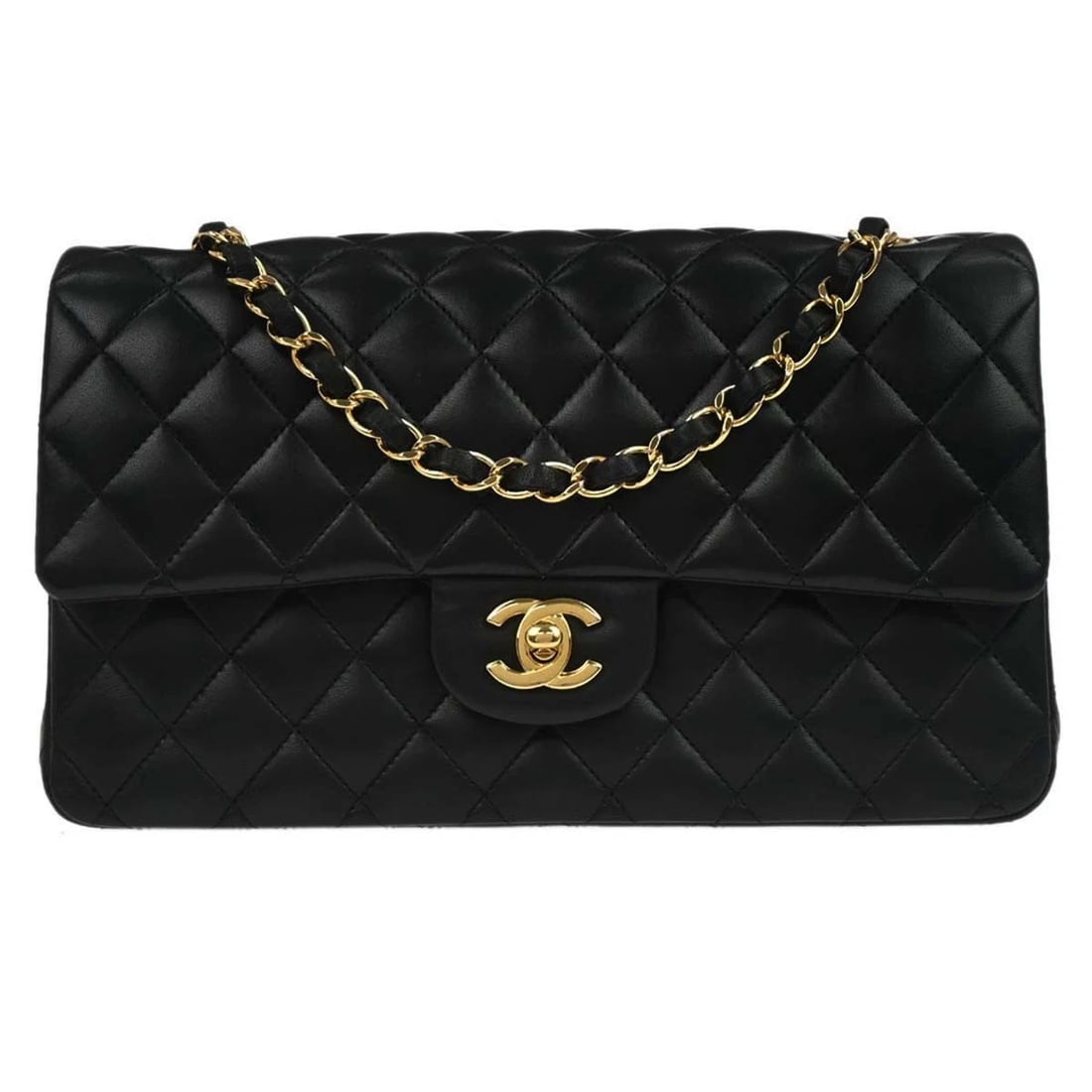 CHANEL BLACK LAMBSKIN MEDIUM CLASSIC DOUBLE FLAP SHOULDER BAG: Chanel Black Lambskin Medium Classic Double Flap Shoulder Bag Brand: CHANEL Type: Shoulder Bag Material/Exterior Material: Lambskin Leather Color/Exterior Color: Black Size: W 9.8 x H 6.3 x D 2.8