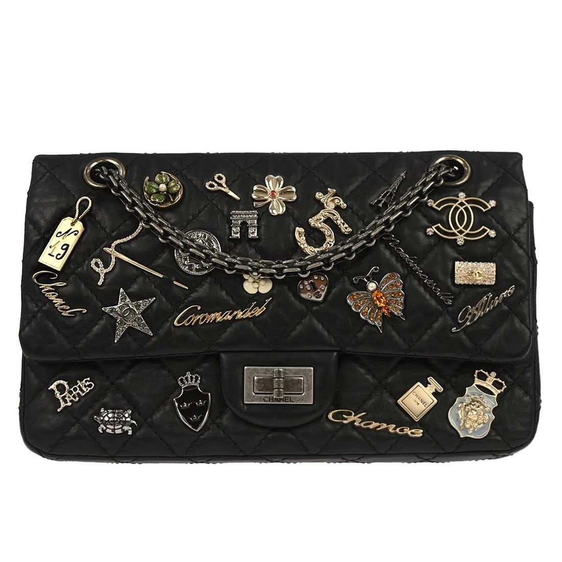 CHANEL BLACK CALFSKIN ICON 2.55 MEDIUM CLASSIC DOUBLE FLAP SHOULDER BAG: Chanel Black Calfskin Icon 2.55 Medium Classic Double Flap Shoulder Bag Brand: CHANEL Type: Shoulder Bag Material/Exterior Material: Calfskin, Rhinestone, Artificial Pearl Color/Exterior Color: Bla