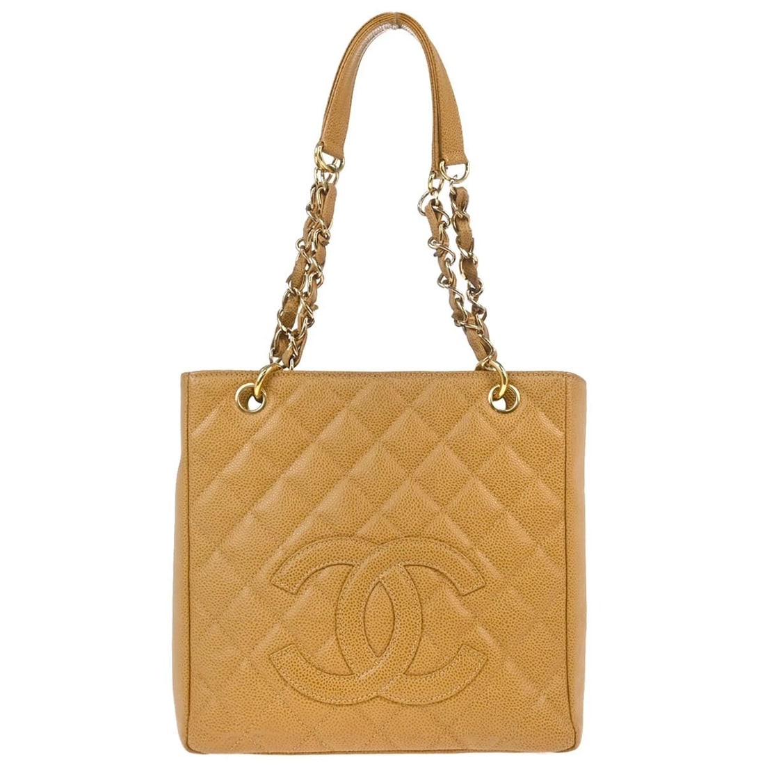 CHANEL BEIGE CALFSKIN PETITE SHOPPING TOTE PST CHAIN HANDBAG: Chanel Beige Calfskin Petite Shopping Tote PST Chain Handbag Brand: CHANEL Type: Tote Material/Exterior Material: Caviar Skin Leather Color/Exterior Color: Beige Size: W 9.4 x H 9.4 x D 3.3 " Shou