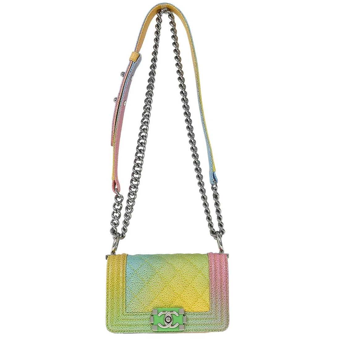 BOY CHANEL PASTEL COLOR CALFSKIN MINI SHOULDER BAG: Boy Chanel Pastel Color Calfskin Mini Shoulder Bag Brand: CHANEL Type: Shoulder Bag Material/Exterior Material: Caviar skin leather Color/Exterior Color: Blue, Yellow, Pink, Green Size: W 5.9 x H