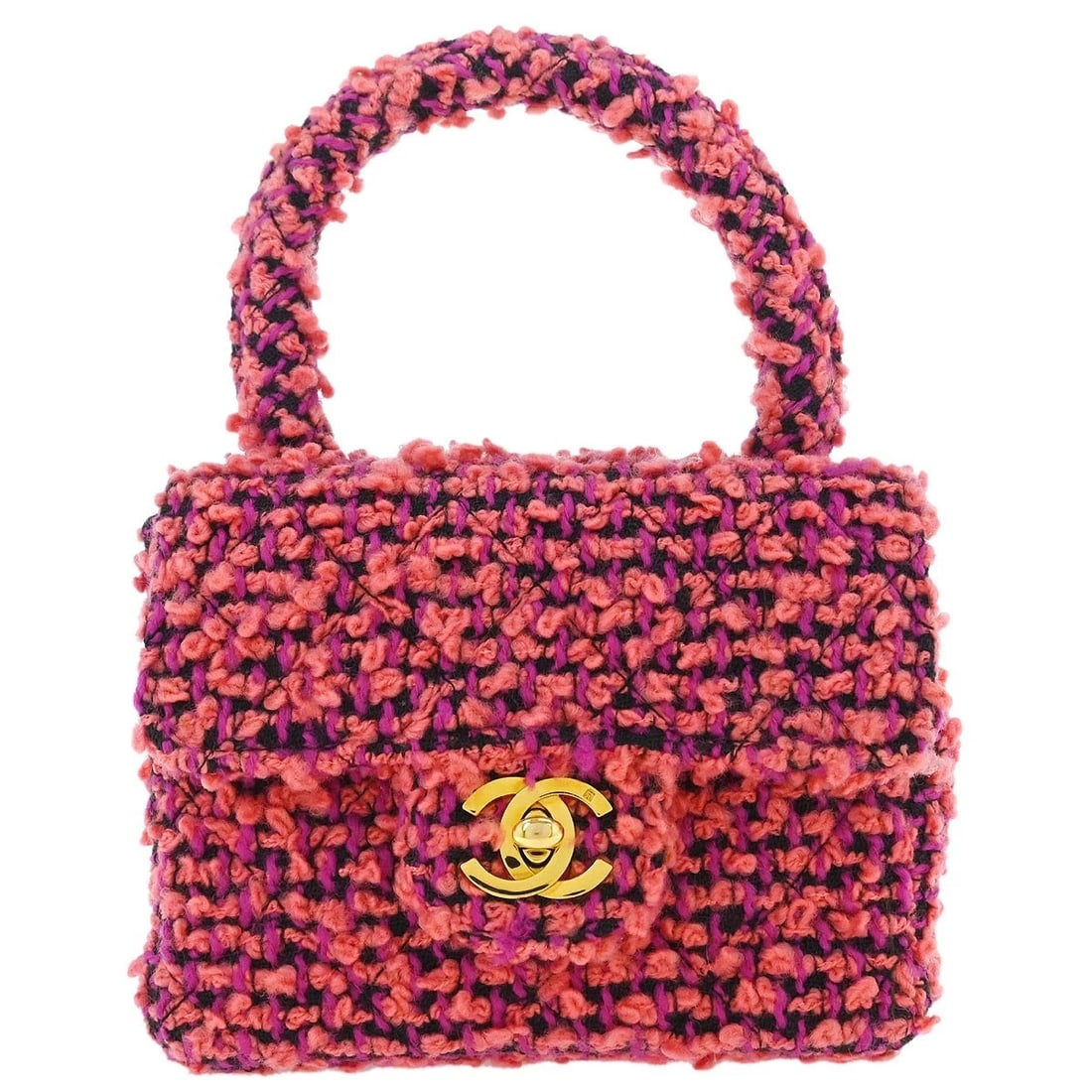 CHANEL PINK TWEED HANDBAG: Chanel Pink Tweed Handbag Brand: CHANEL Type: Handbag Material/Exterior Material: Tweed Color/Exterior Color: Pink Size: W 5.5 x H 4.3 x D 2.4 " Handle Drop. 3.1 " Accessories: None Access