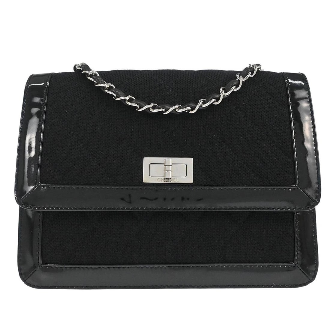 CHANEL BLACK CANVAS PATENT LEATHER MADEMOISELLE LOCK SHOULDER BAG: Chanel Black Canvas Patent Leather Mademoiselle Lock Shoulder Bag Brand: CHANEL Type: Shoulder Bag Material/Exterior Material: Canvas, Patent Leather Color/Exterior Color: Black Size: W 9.1 x H 7.