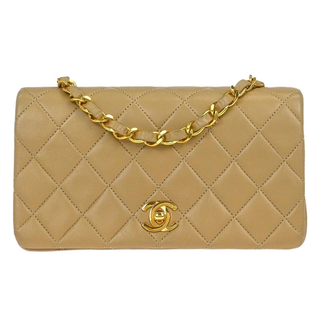 CHANEL BEIGE LAMBSKIN TURNLOCK MINI FULL FLAP SHOULDER BAG: Chanel Beige Lambskin Turnlock Mini Full Flap Shoulder Bag Brand: CHANEL Type: Shoulder Bag Material/Exterior Material: Lambskin Color/Exterior Color: Beige Size: W 7.5 x H 4.3 x D 2.8 " Strap Dro