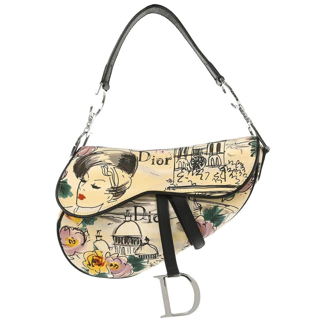 CHRISTIAN DIOR BEIGE CANVAS JOHN GALLIANO SADDLE HANDBAG: Christian Dior Beige Canvas John Galliano Saddle Handbag Brand: Dior Type: Saddle Bag Material/Exterior Material: Canvas, Leather Color/Exterior Color: Beige, Black Size: W 9.4 x H 7.5 x D 3.1 " H