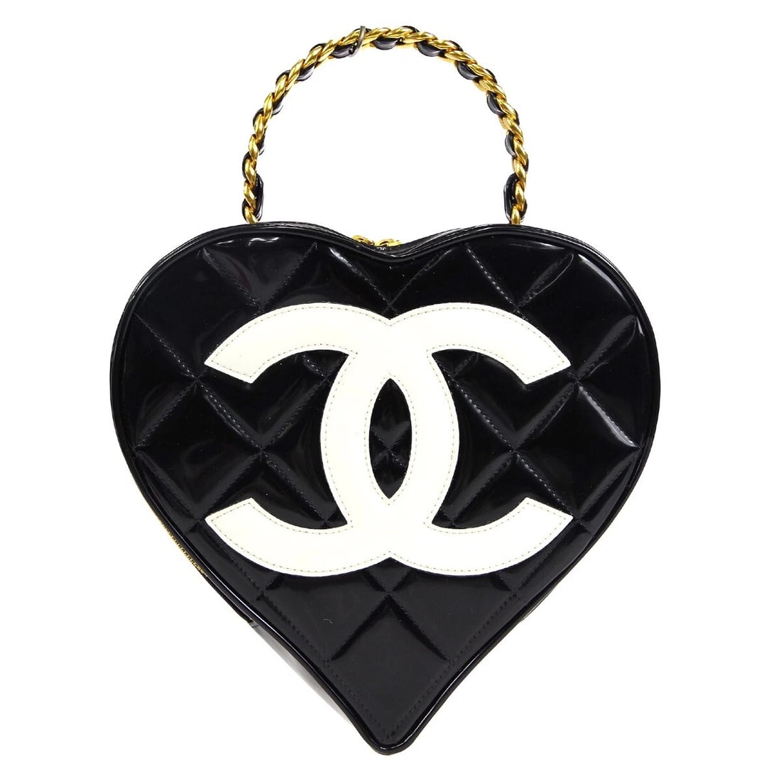 CHANEL BLACK PATENT LEATHER HEART VANITY HANDBAG: Chanel Black Patent Leather Heart Vanity Handbag Brand: CHANEL Type: CHANEL Vanity Material/Exterior Material: Patent Leather Color/Exterior Color: Black, White Size: W 8.7 " x H 7.9 " x D 2.8 " H