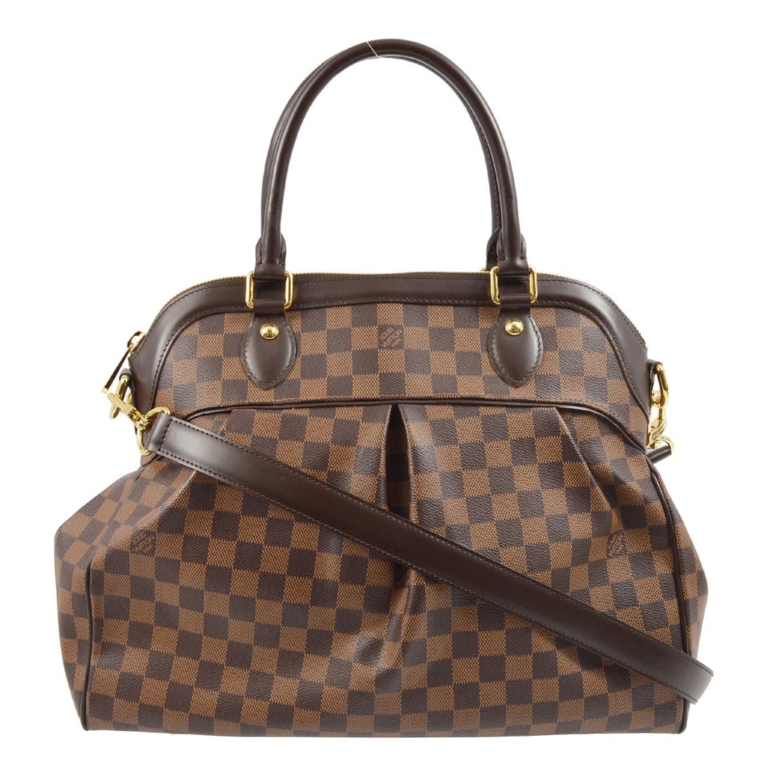 LOUIS VUITTON DAMIER TREVI GM 2WAY HANDBAG: Louis Vuitton Damier Trevi GM 2way Handbag Brand: Louis Vuitton Type: Top Handle Bag Material/Exterior Material: Damier Canvas, Leather Color/Exterior Color: Ebene*Brown Size: W 15.7 x H 11.4 x D