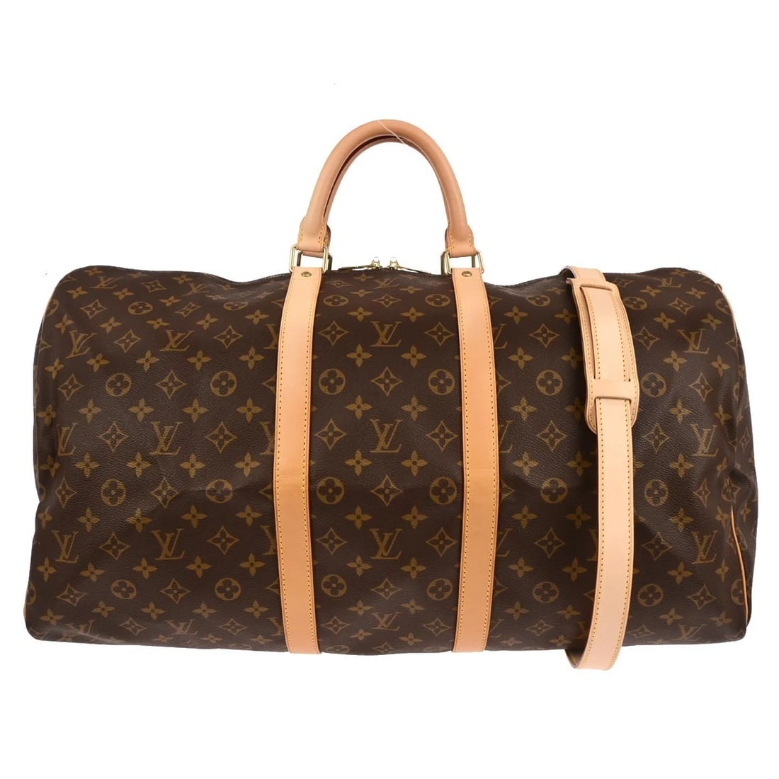 LOUIS VUITTON MONOGRAM KEEPALL BANDOULIERE 55 DUFFLE BAG: Louis Vuitton Monogram Keepall Bandouliere 55 Duffle Bag Brand: Louis Vuitton Type: Duffle Material/Exterior Material: Monogram Canvas, Leather Color/Exterior Color: Brown Size: W 21.7 x H 11.8 x