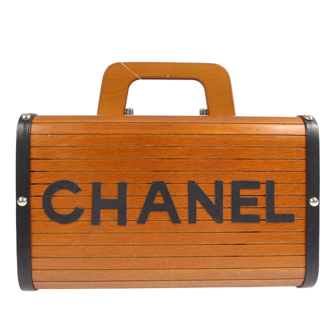 CHANEL BROWN BLACK WOODEN VANITY HANDBAG: Chanel Brown Black Wooden Vanity Handbag Brand: CHANEL Type: Top Handle Bag Material/Exterior Material: Wood, Leather Color/Exterior Color: Brown, Black Size: W 9.8 x H 5.9 x D 4.9 " Handle Drop.