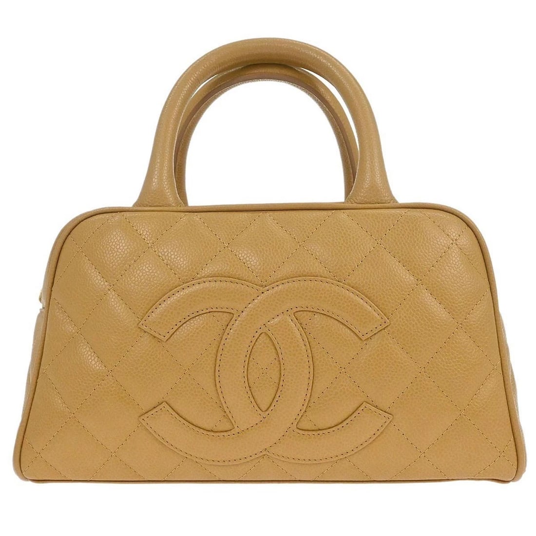 CHANEL BEIGE CALFSKIN BOWLING BAG 27: Chanel Beige Calfskin Bowling Bag 27 Brand: CHANEL Type: Top Handle Bag Material/Exterior Material: Caviar Skin Leather Color/Exterior Color: Beige Size: W 11.0 x H 5.9 x D 3.5 " Handle Drop. 3.9