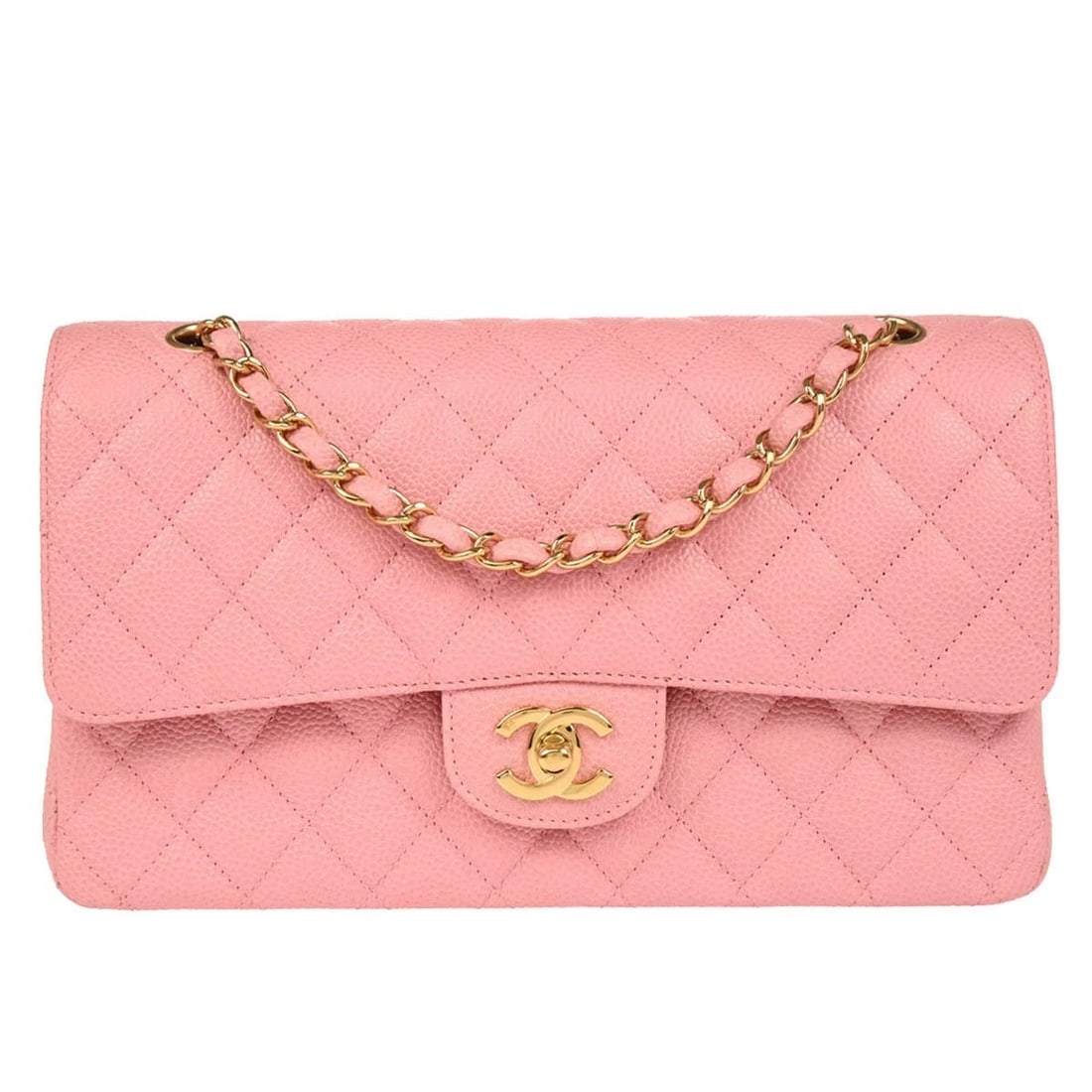 CHANEL PINK CALFSKIN MEDIUM DOUBLE FLAP SHOULDER BAG: Chanel Pink Calfskin Medium Double Flap Shoulder Bag Brand: CHANEL Type: Shoulder Bag Material/Exterior Material: Caviar Skin Leather Color/Exterior Color: Pink Size: W 9.8 x H 6.3 x D 3.1 "